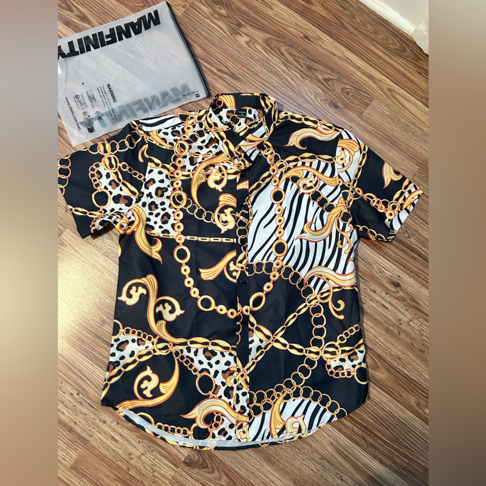 SHEIN Black and Gold Chain Print Men's Shirt